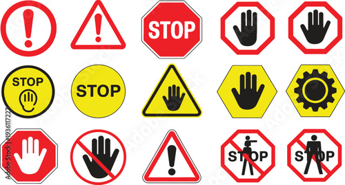 Collection of various road and warning signs on white background