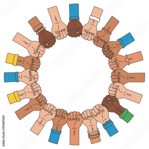 Diverse hands unite in a vibrant circle, symbolizing equality and solidarity. A powerful visual statement promoting unity and inclusivity. Perfect for social campaigns.
