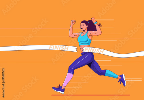 A dynamic illustration of a female runner crossing a finish line, symbolizing strength and victory. Bold colors and a modern style create a motivational image.
