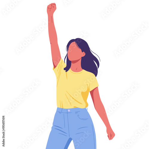 A dynamic illustration of a woman raising her fist, symbolizing strength and unity. The text ?Rise Strong Together Sisters? emphasizes female solidarity. Modern, vibrant, and empowering.