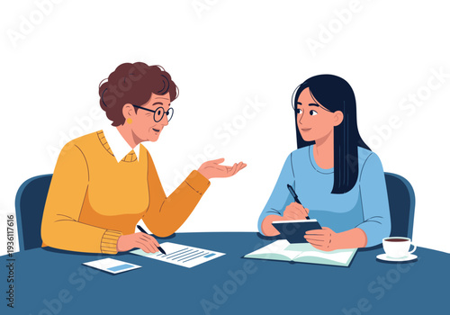 An elderly woman guides a young woman during a meeting. They discuss a document, fostering mentorship and support. A professional and encouraging scene.