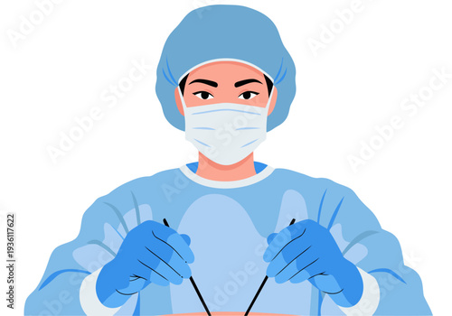A healthcare professional in scrubs and gloves performs surgery, emphasizing care and precision. ?Heal Hands Save Lives? tagline. Clean, modern illustration.