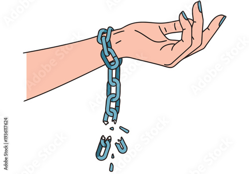 A hand is bound by broken chains, symbolizing freedom. Bold graphic design with vibrant colors and a call to action. Break chains, freedom now.