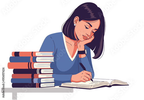 A focused young woman writes intently, surrounded by books. She?s engrossed in her work, shaping the future with her words. Modern illustration.