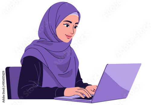 A young Muslim woman in hijab codes on a laptop, embodying 'Code the Future'.  A modern, inviting workspace with a soft, pastel background.  Positive and empowering.