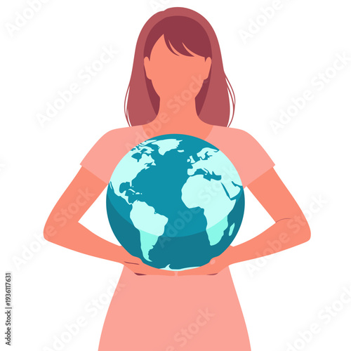 A woman holds a globe, symbolizing global leadership and change. Modern, vibrant illustration with a soft pastel background.  Ideal for campaigns promoting female empowerment.