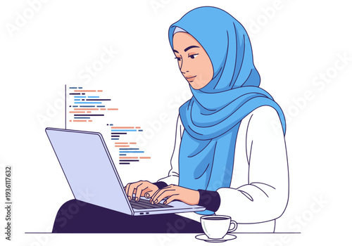 A young Muslim woman codes on a laptop, showcasing a diverse future. Modern, vibrant, and empowering. "Code the Future, Break Barriers!"