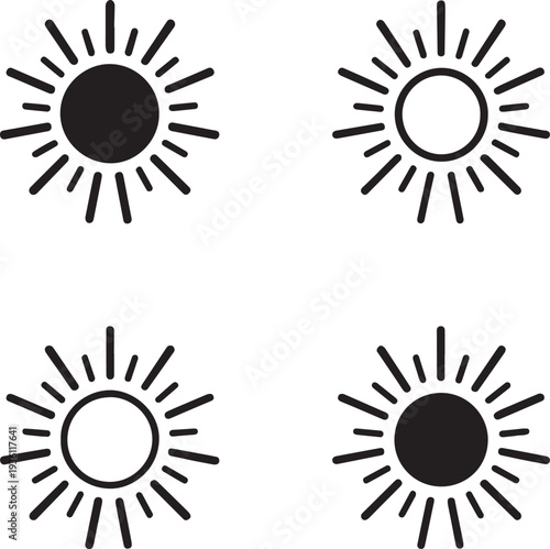Isolated Radiant Sunburst Icon Design, Radiant Sunburst symbol, Radiant Sunburst illustration, bright solar vector solid black line on white background