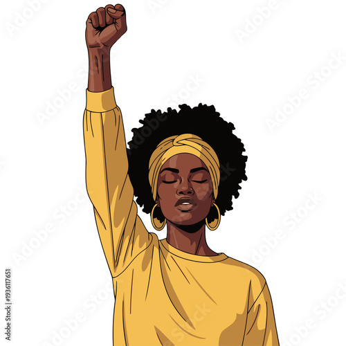 A powerful illustration of a Black woman raising her fist in solidarity, radiating strength and pride. Bold colors and a modern style convey resilience and determination.