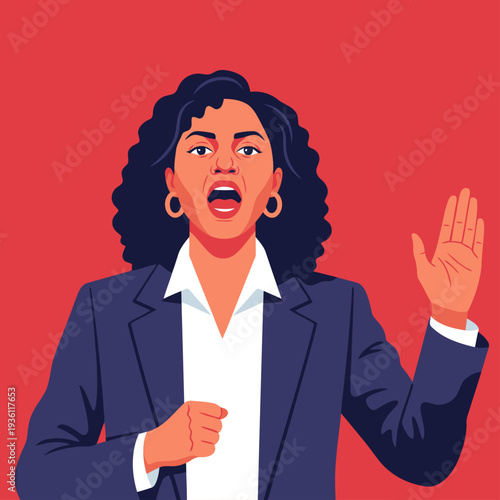 A powerful woman speaks with conviction, advocating for change. Bold design, vibrant colors, and a dynamic pose convey impact and leadership. Perfect for social impact campaigns.