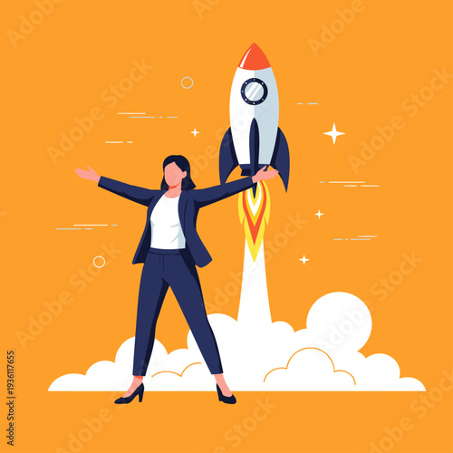 A professional woman launches her dream, rising with a rocket amidst a vibrant cloud. ?Launch Dream, Build Empire? text. Bold, energetic, and inspiring.