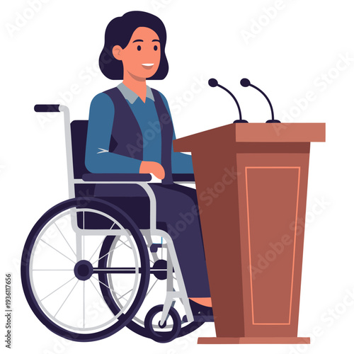 A professional woman in a wheelchair delivers a speech at a podium. She?s smiling and engaged, promoting inclusivity. Accessible voice matters. Modern illustration.