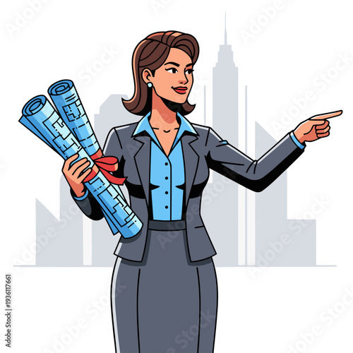 A professional woman points to blueprints with a city skyline backdrop. She embodies ambition and future-building. ?Build Tomorrow, Create Legacy? text.