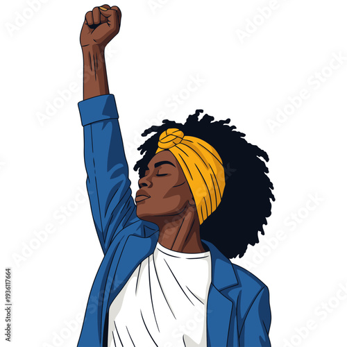 A powerful illustration of a Black woman raising her fist in victory, symbolizing strength and resilience. Bold colors and a modern style convey empowerment. ?Rise Proud? text adds impact.