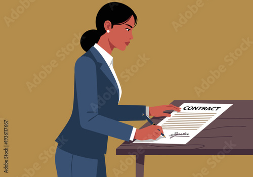 A professional woman signs a contract, shaping her future. Modern, confident, and poised, she embodies ambition and success.  Clean lines and a focused expression.