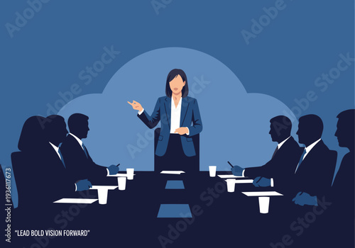 A professional woman leads a business meeting, presenting to a group of colleagues. Bold vision, strategic planning, and collaborative leadership are highlighted. Modern, corporate style.
