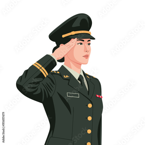 A professional Asian woman in a military uniform performs a salute. Crisp, modern illustration with a patriotic feel. Suitable for diverse commercial uses.