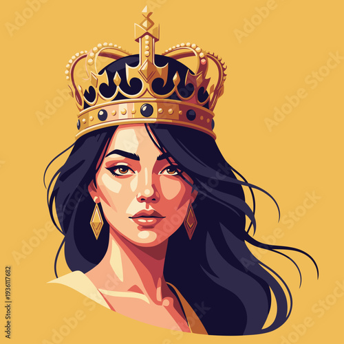 A regal woman wearing a crown, depicted in a stylized illustration. Bold colors and a confident expression convey strength and royalty. Perfect for branding and design.