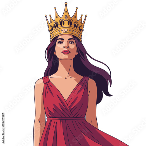 A regal woman wearing a crown and red dress exudes confidence. Bold illustration style, vibrant colors, perfect for branding and empowerment campaigns.