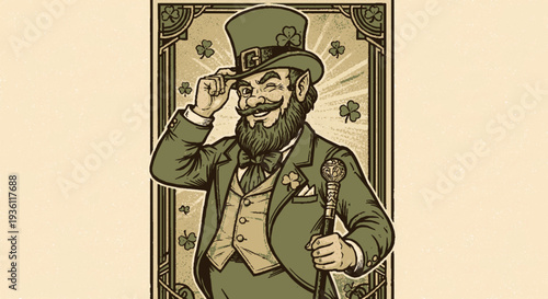 Smiling leprechaun in green suit touches top hat with shillelagh on shamrock background
