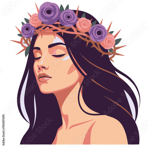A serene woman wears a floral crown, gazing thoughtfully. This beautiful illustration evokes strength and natural beauty. Perfect for wellness, beauty, and lifestyle brands.