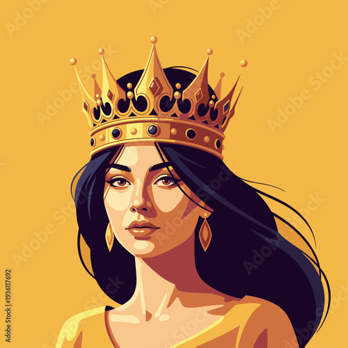 A regal woman wearing a golden crown and earrings exudes strength and confidence. Bold, vibrant colors and a stylized illustration create a powerful image.