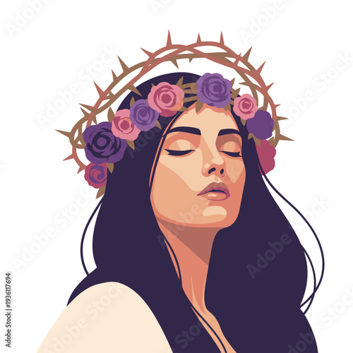 A serene woman wears a floral crown and roses, embodying strength and beauty.  A textured crown of thorns adds a symbolic element.  Soft, pastel colors create a calming aesthetic.