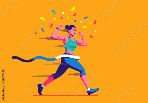 A strong woman crosses a finish line, celebrating victory with dynamic movement and a vibrant ribbon. Bold colors and confetti create a triumphant visual.