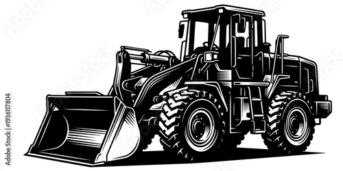 Monochrome Woodcut Illustration of a Scraper Vehicle in Detailed
