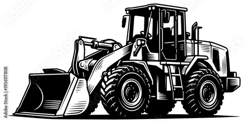 Monochrome Woodcut Illustration of a Scraper Vehicle in Detailed
