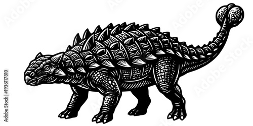 Detailed Woodcut Illustration of a Glyptodon Walking on White Ba
