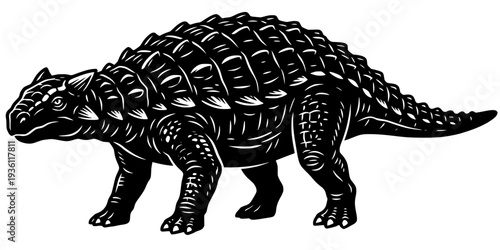 Detailed Woodcut Illustration of a Glyptodon Walking on White Ba
