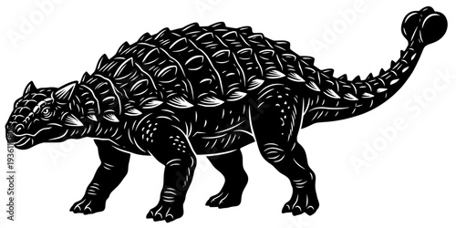 Detailed Woodcut Illustration of a Glyptodon Walking on White Ba
