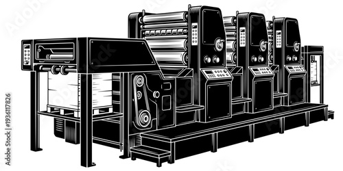 Detailed Woodcut Illustration of an Offset Printing Machine in B
