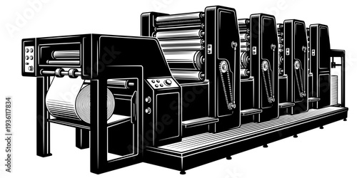 Detailed Woodcut Illustration of an Offset Printing Machine in B
