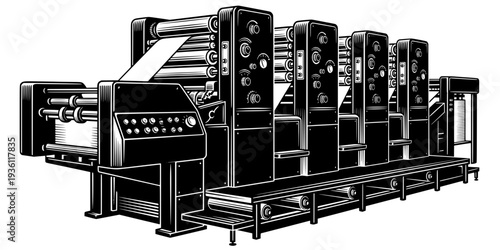 Detailed Woodcut Illustration of an Offset Printing Machine in B

