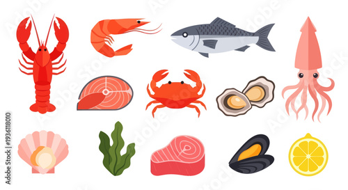 Various seafood icons illustration