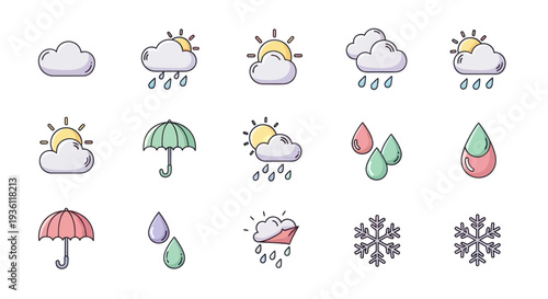 Weather icons clouds sun rain umbrella