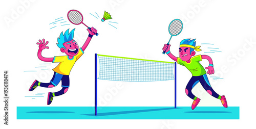 vector illustration of a young man with a play badminton