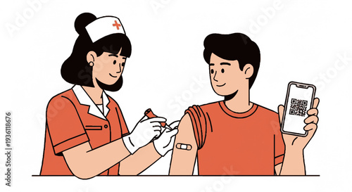 Nurse administering vaccine to man showing qr code on smartphone