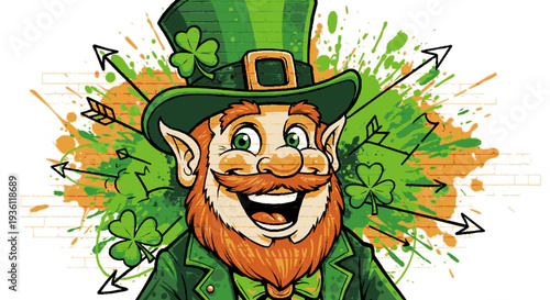 Smiling leprechaun in green coat and hat with shamrocks and arrows on st patrick's day