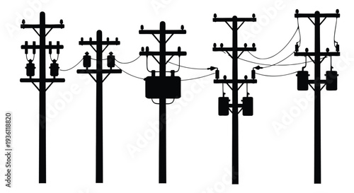 Black silhouettes of various electrical power transmission towers illustration