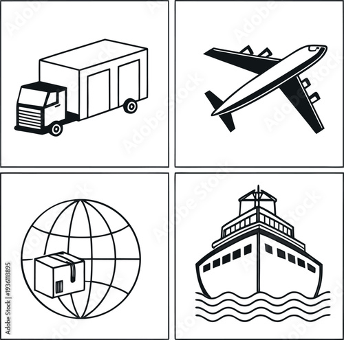 Four icons representing different modes of transportation and global delivery
