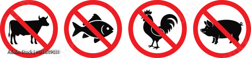 No eating animals signs with cow fish rooster pig  forbidden food symbols