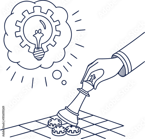 A hand moves a chess piece on a board with a thought bubble containing a lightbulb and gear symbolizing strategic innovation and problem solving ideas