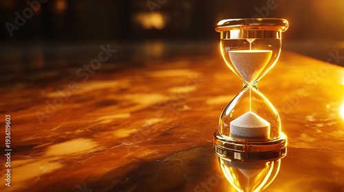 Eternal Passage: A golden hourglass stands prominently on a reflective surface, the grains of sand slowly cascading, evoking the relentless flow of time, symbolizing the transient nature of moments.
