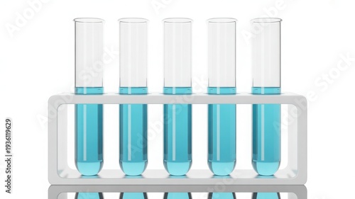 A set of test tubes filled with a blue liquid on a white rack