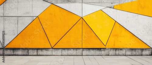 Modern architectural facade featuring bold yellow and white geometric triangular patterns on textured concrete.