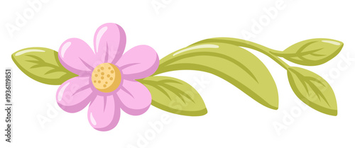 Spring flower branch with green leaves. Cartoon vector isolated illustration on white background