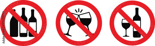No drinking signs with wine bottles and glasses icons